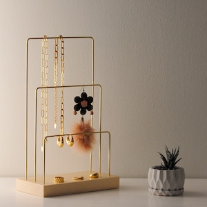 Minimalist wood brass jewelry stand, solid wood jewelry stand, Jewelry organizer, modern minimalist necklace hanger, home decor piece