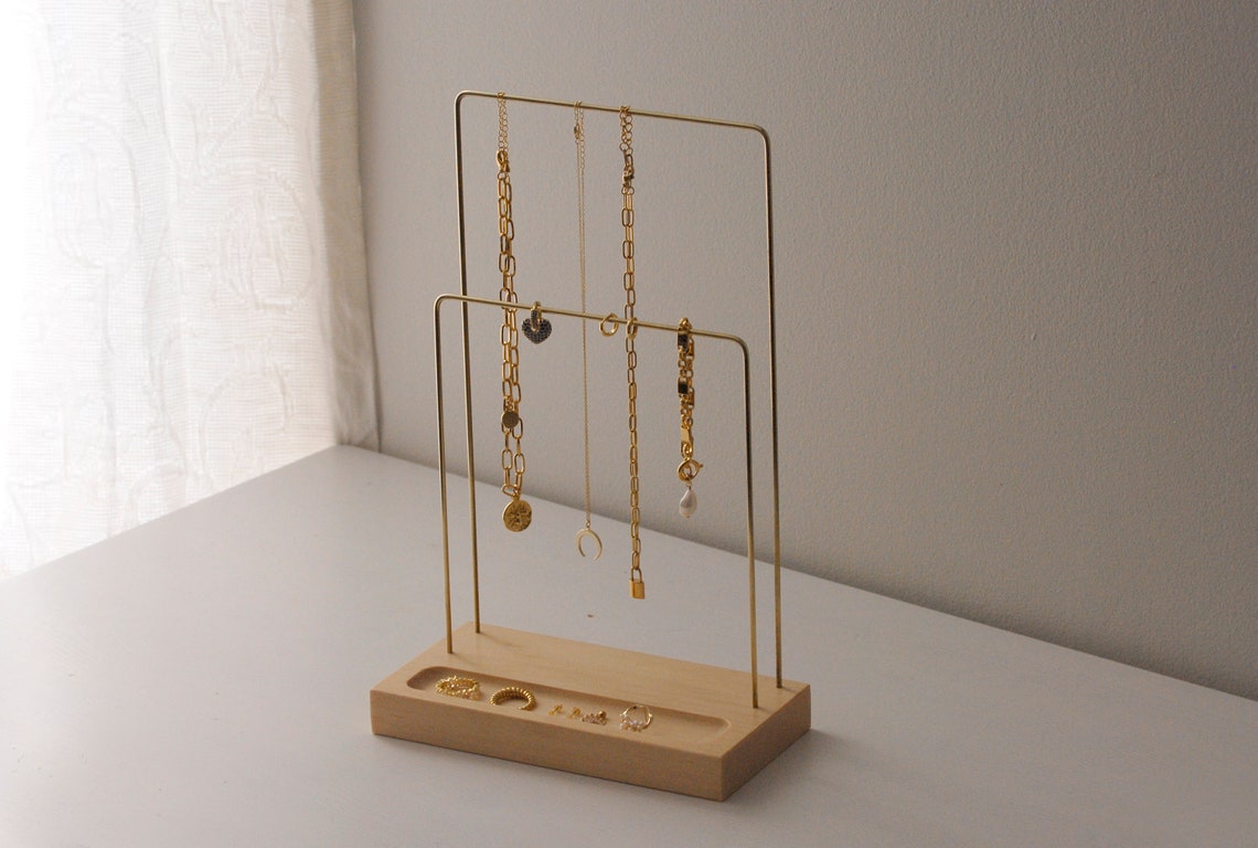 Compact Brass Jewelry Stand With Ring Dish Walnut Pine Etsy Canada