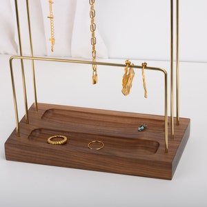 Highend handmade exotic beewax walnut brass jewelry stand with double ring dishes, minimalism jewelry organizer, ring dish, necklace rack image 7