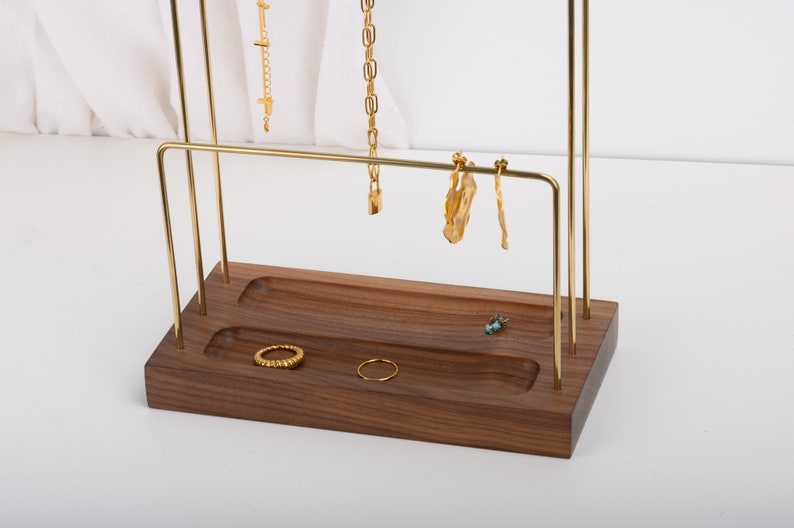 Highend handmade exotic beewax walnut brass jewelry stand with double ring dishes, minimalism jewelry organizer, ring dish, necklace rack image 7