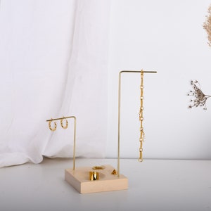 Square wood and brass jewelry stand with ring dishes, 2021 LUNA, minimalist ring necklace storage, solid wood jewelry holder, home decor