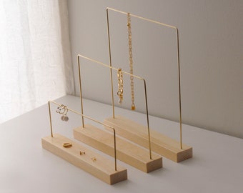 Thin necklace rack, slim brass and wood jewelry stand, modern minimalist necklace earring storage display, boutique jewelry display stand