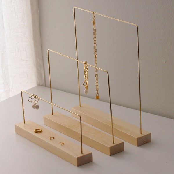 Thin necklace rack, slim brass and wood jewelry stand, modern minimalist necklace earring storage display, boutique jewelry display stand