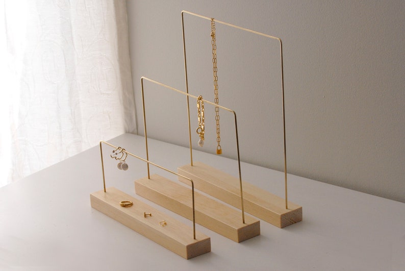 Thin necklace rack, slim brass and wood jewelry stand, modern minimalist necklace earring storage display, boutique jewelry display stand image 1