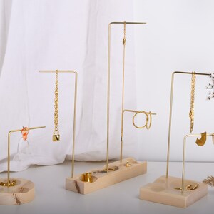Slim wood brass jewelry stand with ring dishes, 2021 LUNA, minimalist ring necklace storage, walnut, pine, maple jewelry holder, home decor image 5