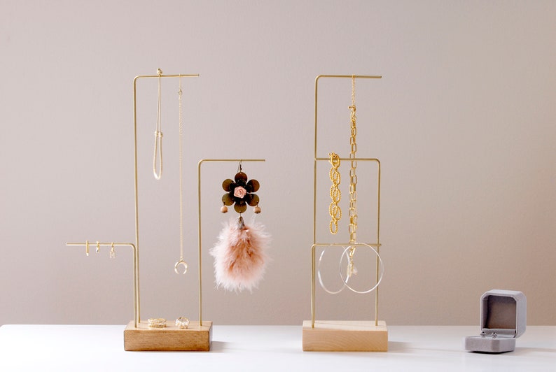 Minimalist wood brass jewelry stand, pine, walnut dye, espresso dye, jewelry holder, boutique display necklace earring rack, housewarming image 3
