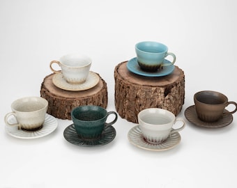 Handgefertigte Keramik Kaffeetassen Set: Rustikale Keramik Tasse mit Untertasse (200ml)