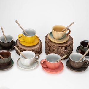 Fancy handmade ceramic coffee mug set, 250ml pottery coffee mug, coffee cup with stir spoon and saucer, rustic espresso cup, cappuccino cup