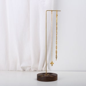 Round walnut beewax brass jewelry stand with ring dishes, 2021 LUNA, minimalist ring necklace storage, solid wood jewelry holder, home decor