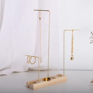 Slim wood brass jewelry stand with ring dishes, 2021 LUNA, minimalist ring necklace storage, walnut, pine, maple jewelry holder, home decor image 1