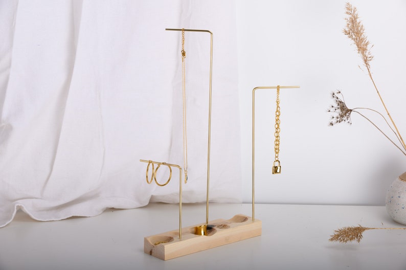 Slim wood brass jewelry stand with ring dishes, 2021 LUNA, minimalist ring necklace storage, walnut, pine, maple jewelry holder, home decor image 1