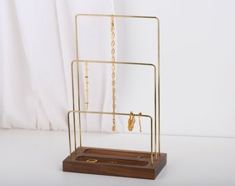 Highend handmade exotic beewax walnut brass jewelry stand with double ring dishes, minimalism jewelry organizer, ring dish, necklace rack