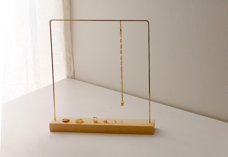 Thin necklace rack, slim brass and wood jewelry stand, modern minimalist necklace earring storage display, boutique jewelry display stand image 2