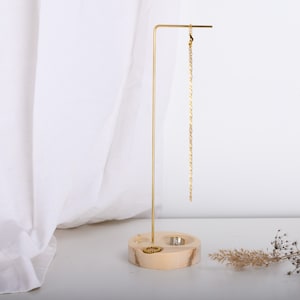 Round brass jewelry stand with ring dishes, 2021 LUNA, minimalist ring necklace storage, walnut, pine, maple jewelry holder, home decor