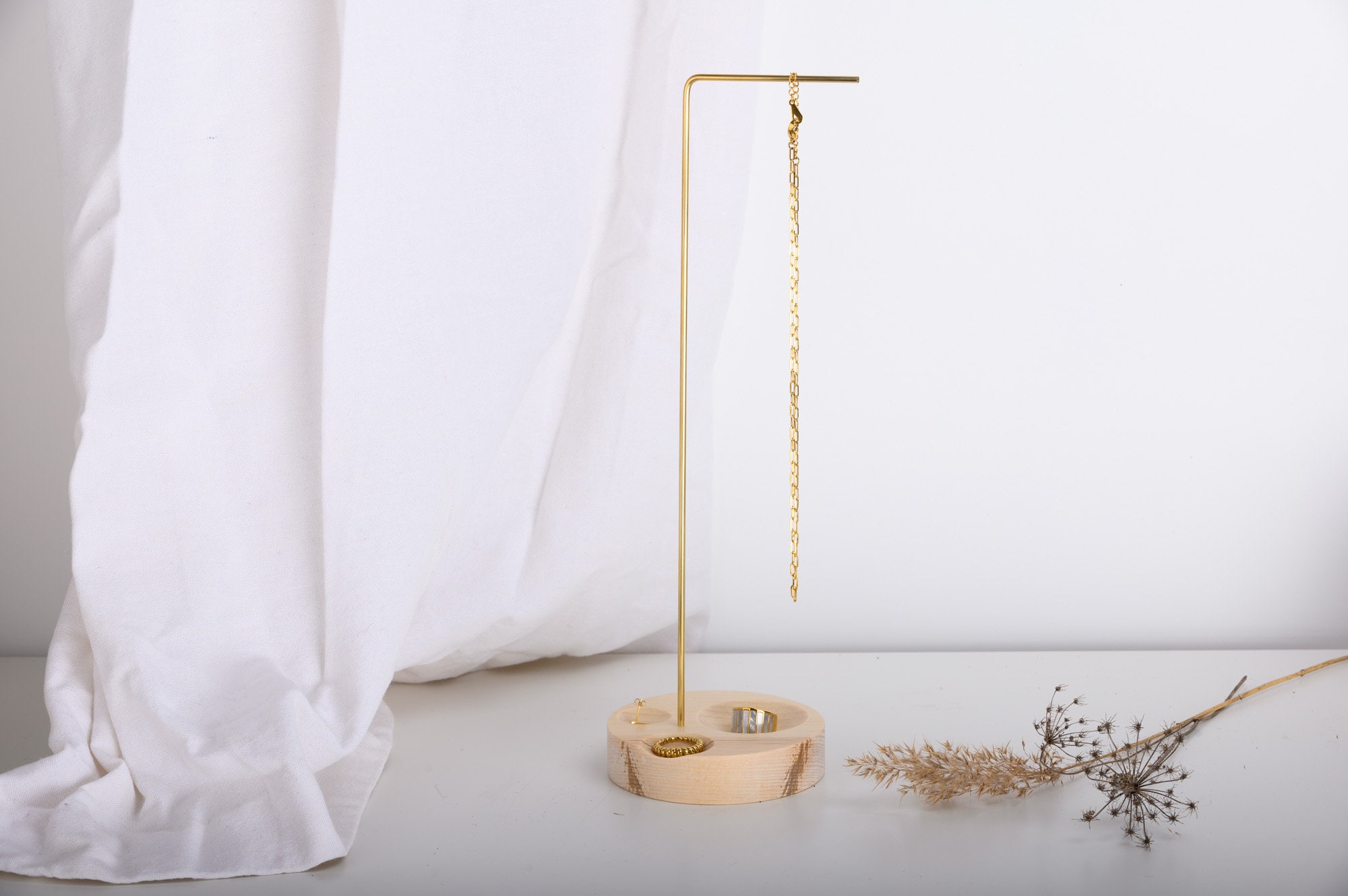 Brass Jewelry Stand with Wood Ring Dishes: Minimalist Necklace Organizer