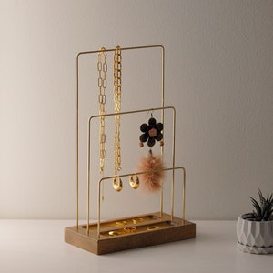 Double ring dishes compact brass jewelry stand, walnut, pine, maple jewelry stand, Jewelry organizer, modern minimalist necklace hanger