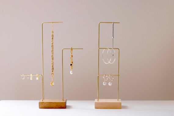 Minimalist Wood & Brass Jewelry Stand: Necklace Earring Holder