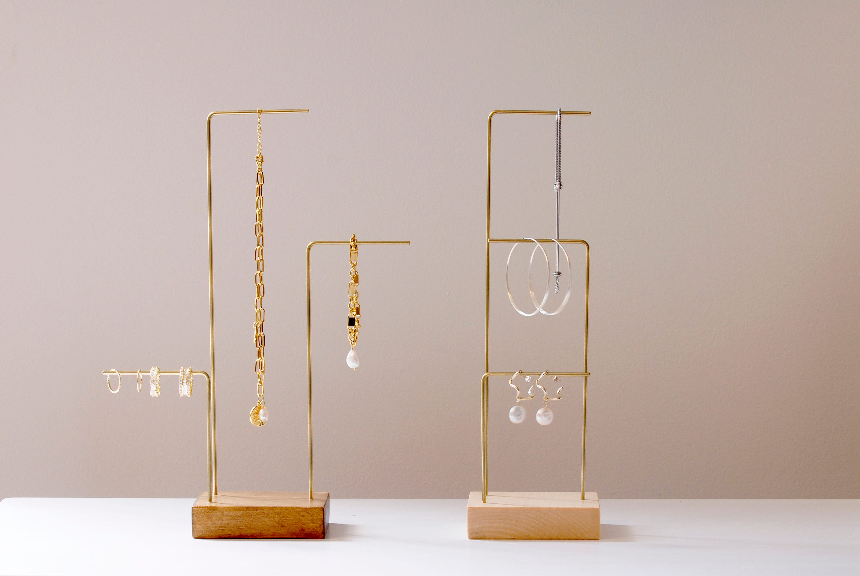 Minimalist wood brass jewelry stand, pine, walnut dye, espresso dye, jewelry holder, boutique display necklace earring rack, housewarming