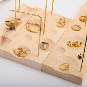 Slim wood brass jewelry stand with ring dishes, 2021 LUNA, minimalist ring necklace storage, walnut, pine, maple jewelry holder, home decor image 4