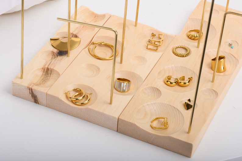 Slim wood brass jewelry stand with ring dishes, 2021 LUNA, minimalist ring necklace storage, walnut, pine, maple jewelry holder, home decor image 4