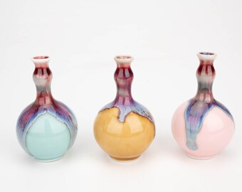 Handmade Ceramic Vase: Dripping Glaze Pottery, Long Neck, Mini Size