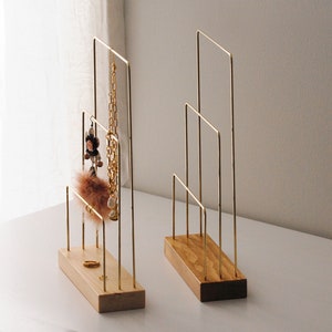 Minimalist compact wood brass jewelry stand for condo, solid wood jewelry stand, modern minimalist necklace hanger, home decor piece