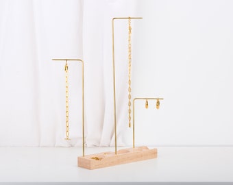 Slim beewax maple brass jewelry stand with ring dishes, 2021 LUNA, minimalist ring necklace storage, jewelry holder, necklace rack