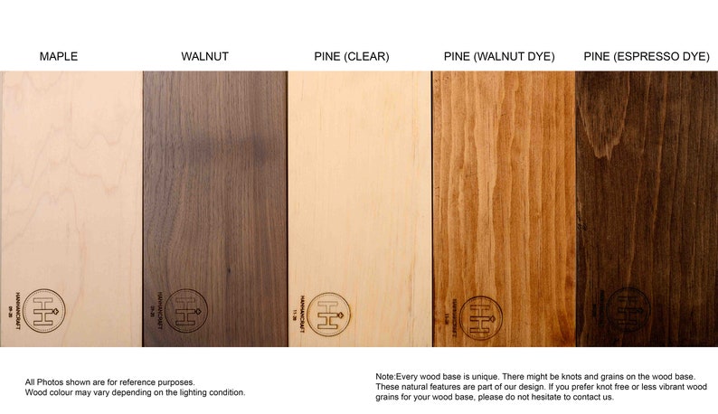 May include: Five wood samples in different colors and wood types: maple, walnut, pine (clear), pine (walnut dye), and pine (espresso dye). Each sample has a small logo with the letters "HH" in a circle.