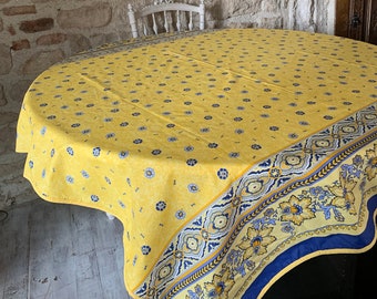 Vintage square tablecloth. 140/140 blue and yellow Provençal coated cotton tablecloth. Stain resistant.