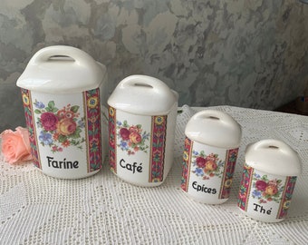 Set of 4 old earthenware spice boxes, floral pattern, spices