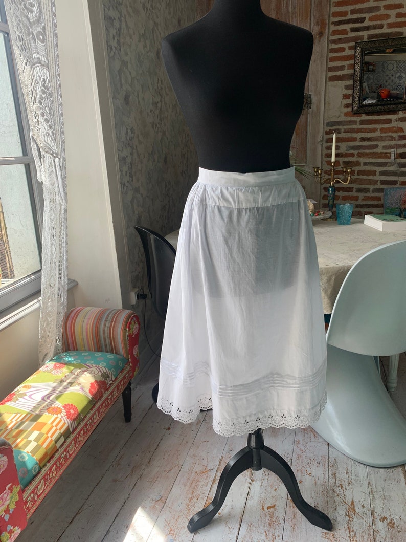 Handmade French antique white cotton skirt with lace hem size S/M. image 1