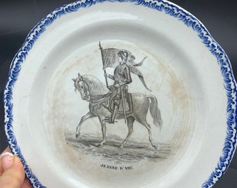 Old iron clay plate Joan of Arc from HB. Collector's item.French Antiquity/HISTORY of France theme