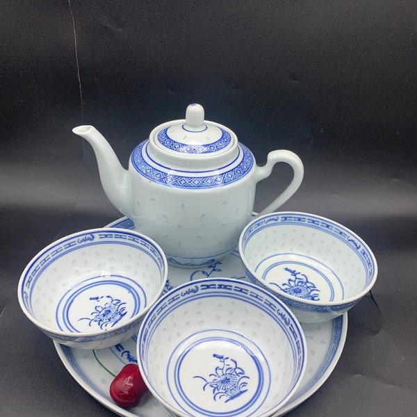 Chinese Porcelain Tea Set Wanyu Rice Grain 5-piece. Rice Eye pattern.