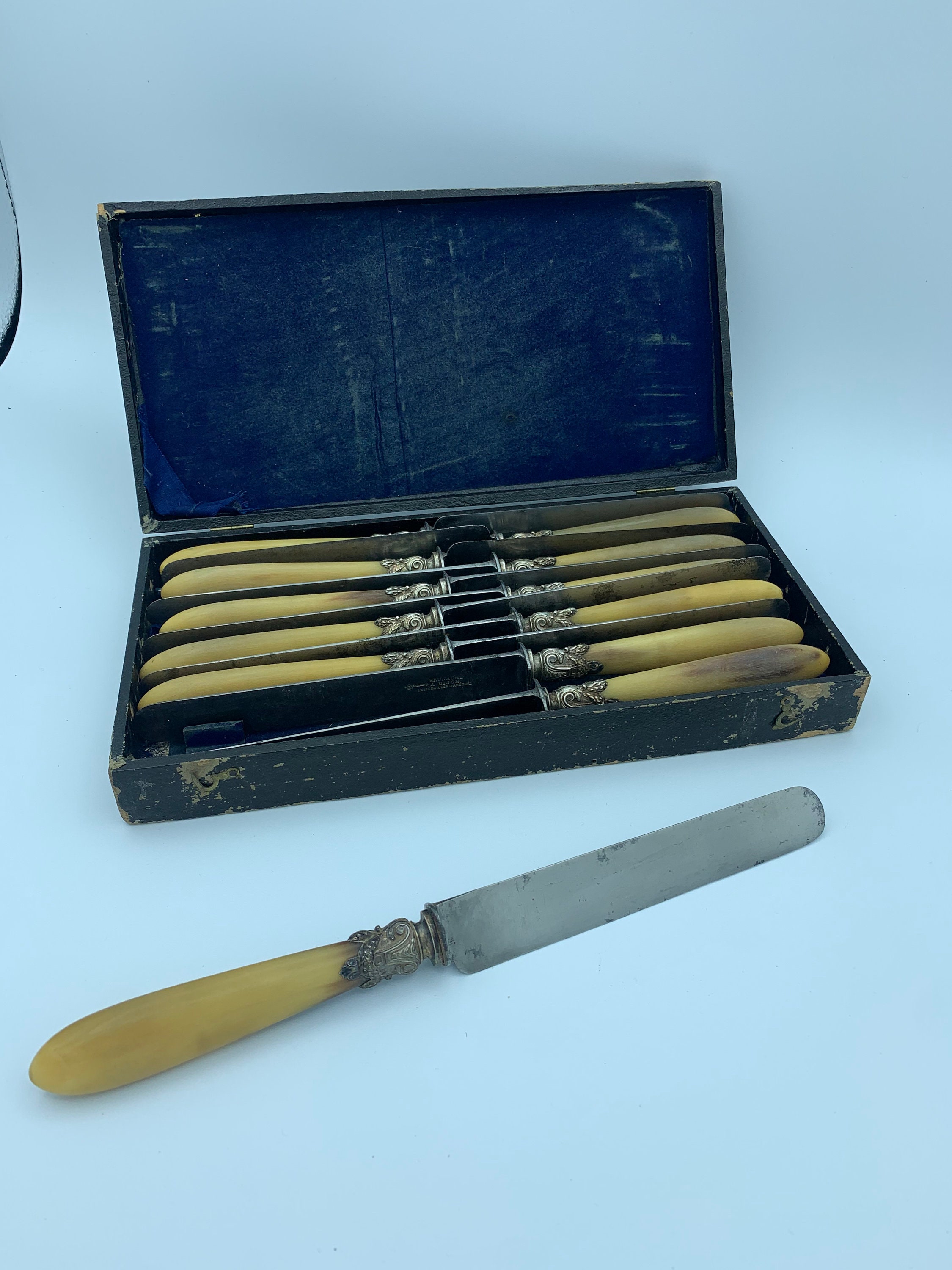 12 Antiques Couteaux de Table Argentés Manches en Corne Art Deco Dans La Boîte d'origine Horn Knives