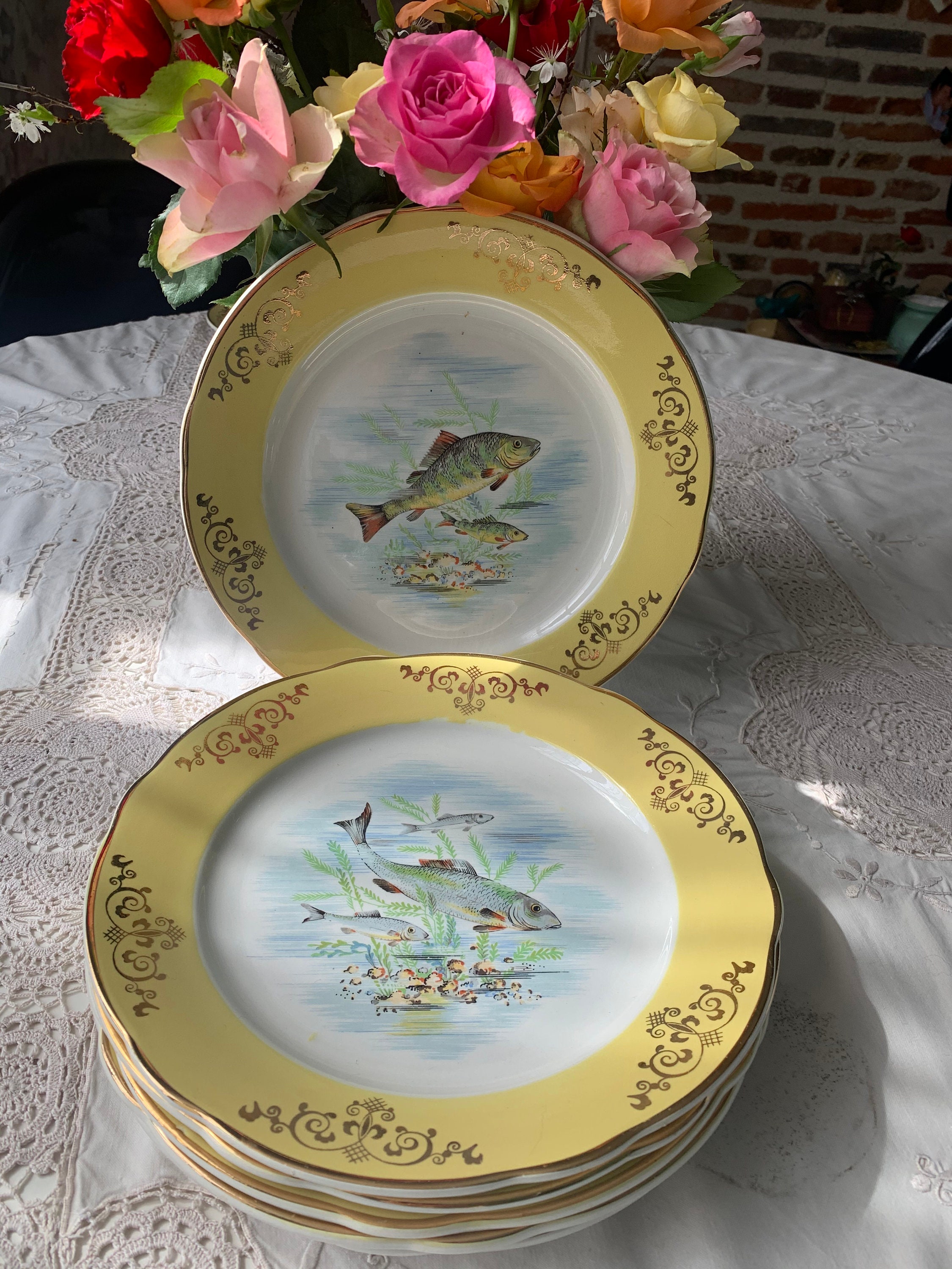 Six Rares Anciennes Français Luneville Kg Assiettes Poisson Décoration Cuisine Chabby Chîc