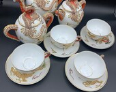Vintage Japanese tea set, Asian dragonware set, white porcelain satsuma tea
