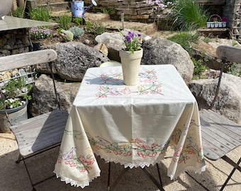Mantel vintage bordado. Mantel cuadrado con pájaros bordados. Mantel colorido.
