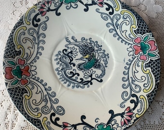 Antique Longwy ironstone plate, hand-painted. Rare piece. Longwy ironstone plate.