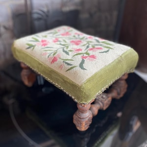 Antique embroidered footstool, vintage carved wooden ottoman bench, rectangular footrest, embroidered tapestry.