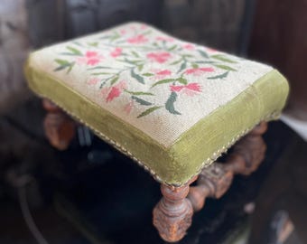 Antique embroidered footstool, vintage carved wooden ottoman bench, rectangular footrest, embroidered tapestry.