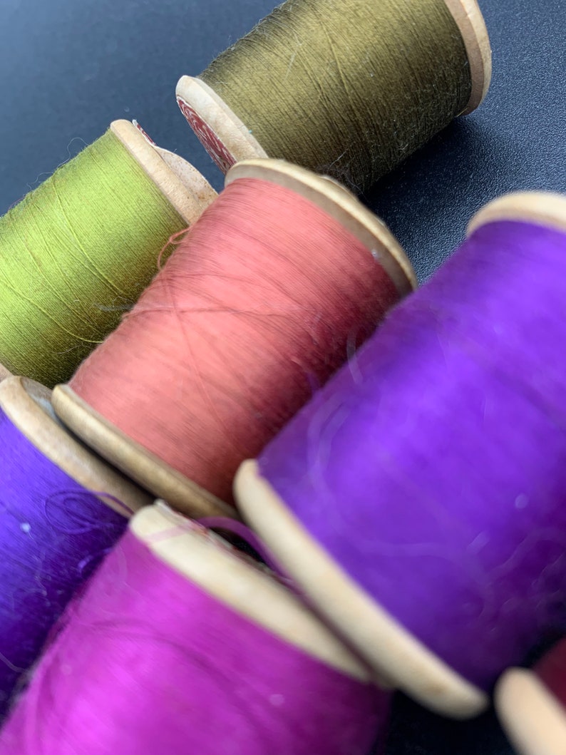 Vintage Set of Seven Small Wooden Spools With Threads in Different ...
