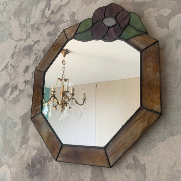 Miroir en verre floral vintage. Miroir mural antique. Miroir en verre Vitrage style Tiffany.