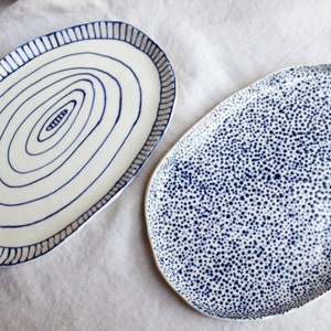 White & Blue Oval Asymmetric Plates, Hand Built, Ceramic, Ceramic Plate, Dinner Plate, Handmade Plate, Pottery