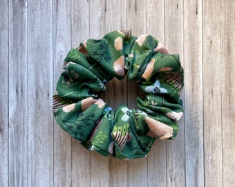 Dark Green Floral Patterned Cotton Hair Scrunchie