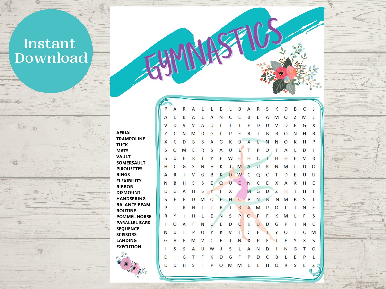 Gymnastics Word Search For Kids PDF Printable Instant Etsy