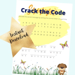 Könnte beinhalten: Ein gelbes und weißes druckbares Aktivitätsblatt mit dem Text "Crack the Code" und einem Code zum Entschlüsseln einer Geheimbotschaft. Der Code verwendet Zahlen, um Buchstaben des Alphabets darzustellen. Das Blatt zeigt auch eine Schmetterlings- und eine Hundebild.