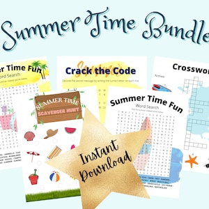 May include: A digital download bundle of summer-themed printable activities for kids. The bundle includes a word search, a scavenger hunt, a crossword puzzle, and a code-cracking activity. The activities feature summer-themed images like a beach umbrella, a watermelon, and a seashell.