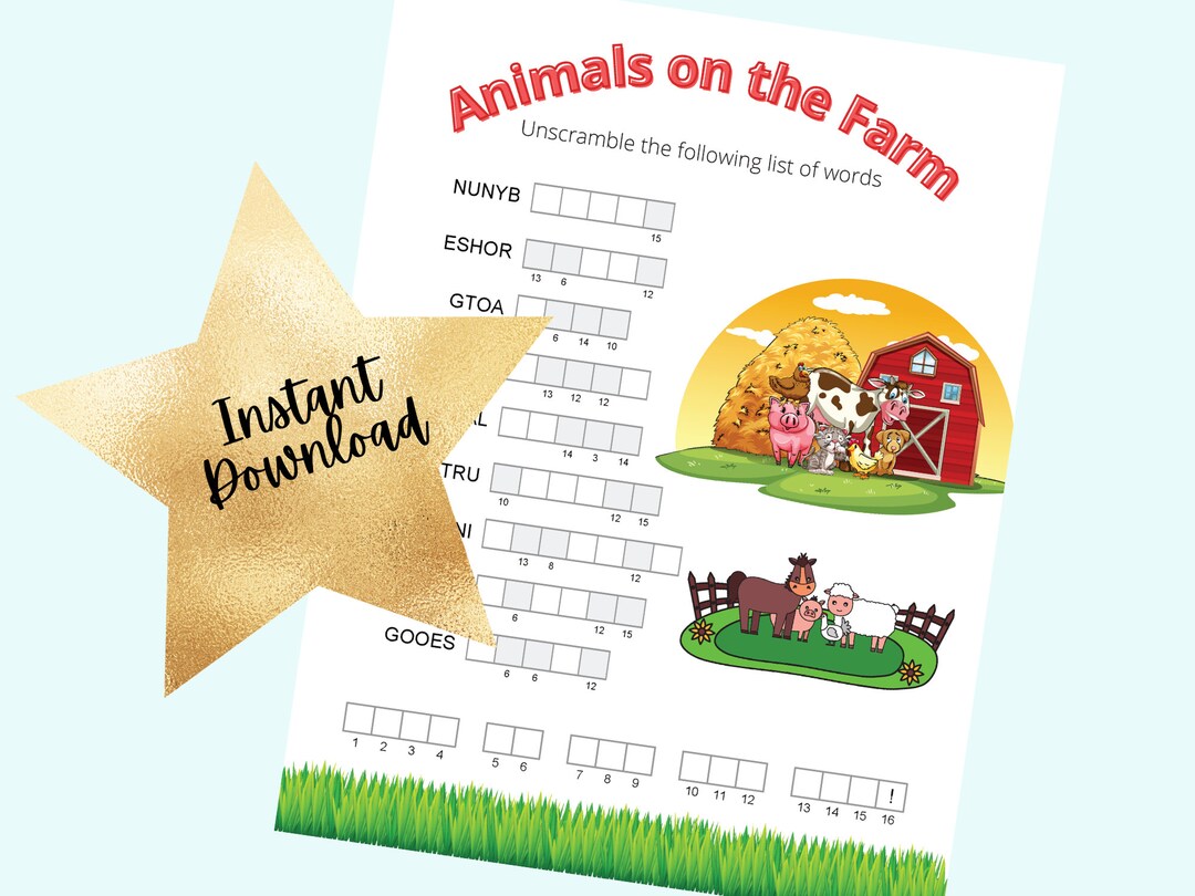 Unscramble Word Game of Animals on the Farm for Kids, Decipher the Code ...