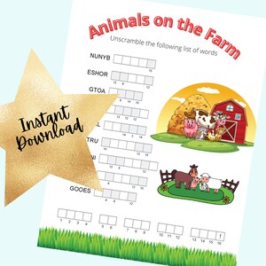 May include: A printable worksheet with a farm scene and a word scramble activity. The words to unscramble are: "NUNYB", "ESHOR", "GTOA", "TRU", "VI", and "GOOES".