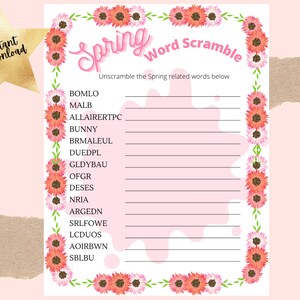 Spring Word Scramble Game, Spring Activities for Kids, Family Game, Party Game, Printable Word Scramble